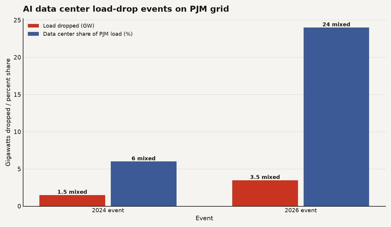 AI data center load drop events on the PJM grid: 1.5 gigawatts in 2024 versus 3.49 gigawatts in 2026. Data center share of PJM load was 6 percent in 2024 and is projected to reach 24 percent by 2040.