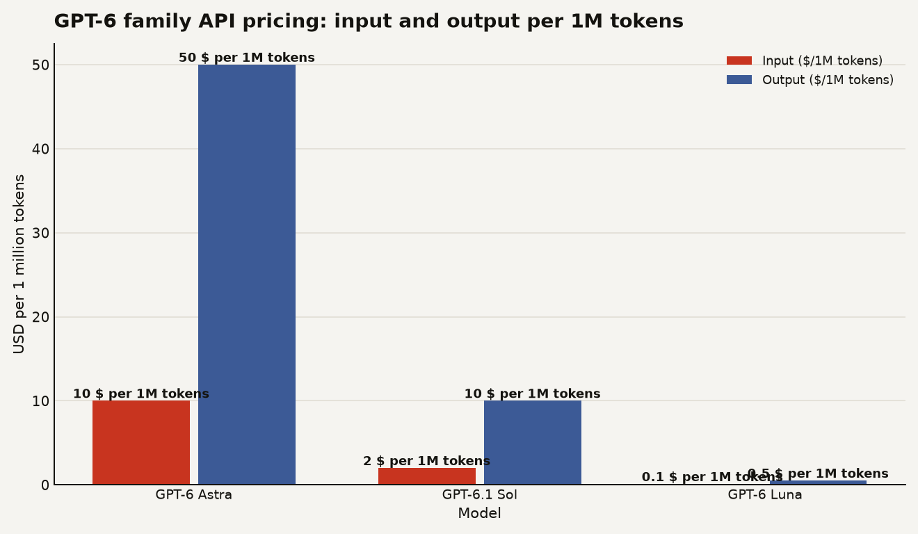 Bar chart comparing API pricing per 1 million tokens for GPT-6 Astra, GPT-6.1 Sol, and GPT-6 Luna. Astra: input 10 dollars, output 50 dollars. Sol: input 2 dollars, output 10 dollars. Luna: input 0.10 dollars, output 0.50 dollars. Sol costs one-fifth of Astra on both input and output.