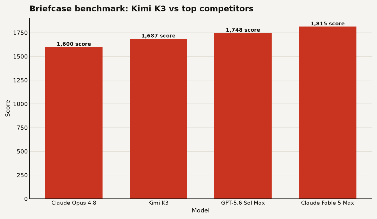 Bar chart of Briefcase benchmark scores showing Claude Fable 5 Max at 1,815, GPT-5.6 Sol Max at 1,747.8, Kimi K3 at 1,687, and Claude Opus 4.8 at 1,600.