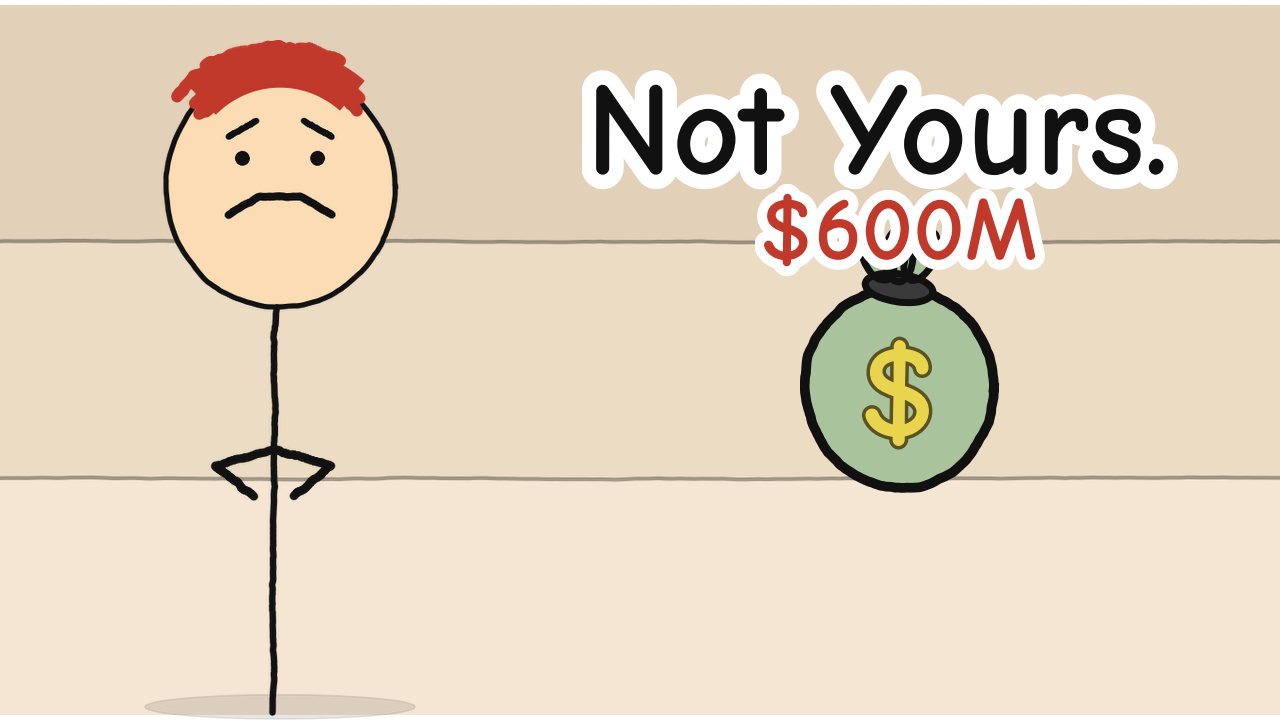 Hand-drawn stick figure thumbnail with the text "Not Yours." for the video Amazon's $600M Tariff Refund (You Get Nothing)