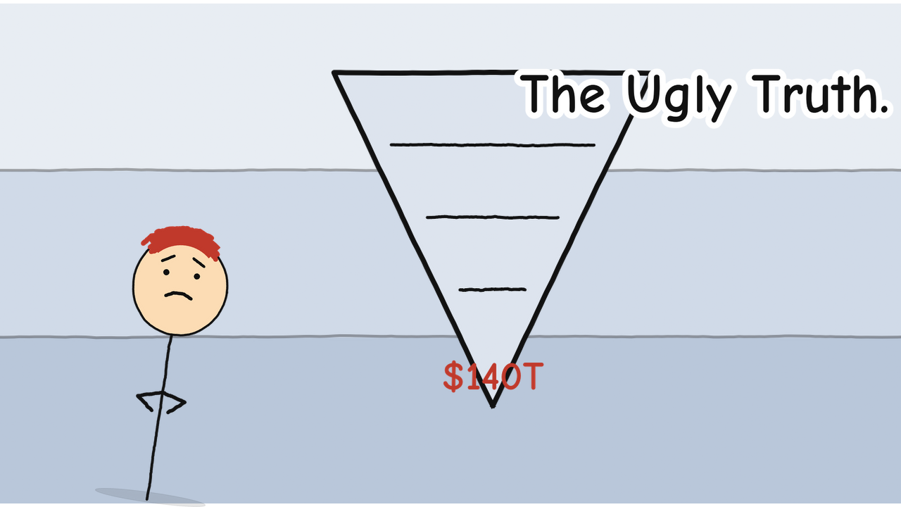 Hand-drawn stick figure thumbnail with the text "The Ugly Truth." for the video The $140 Trillion Bond Market Pyramid Nobody Sees Coming