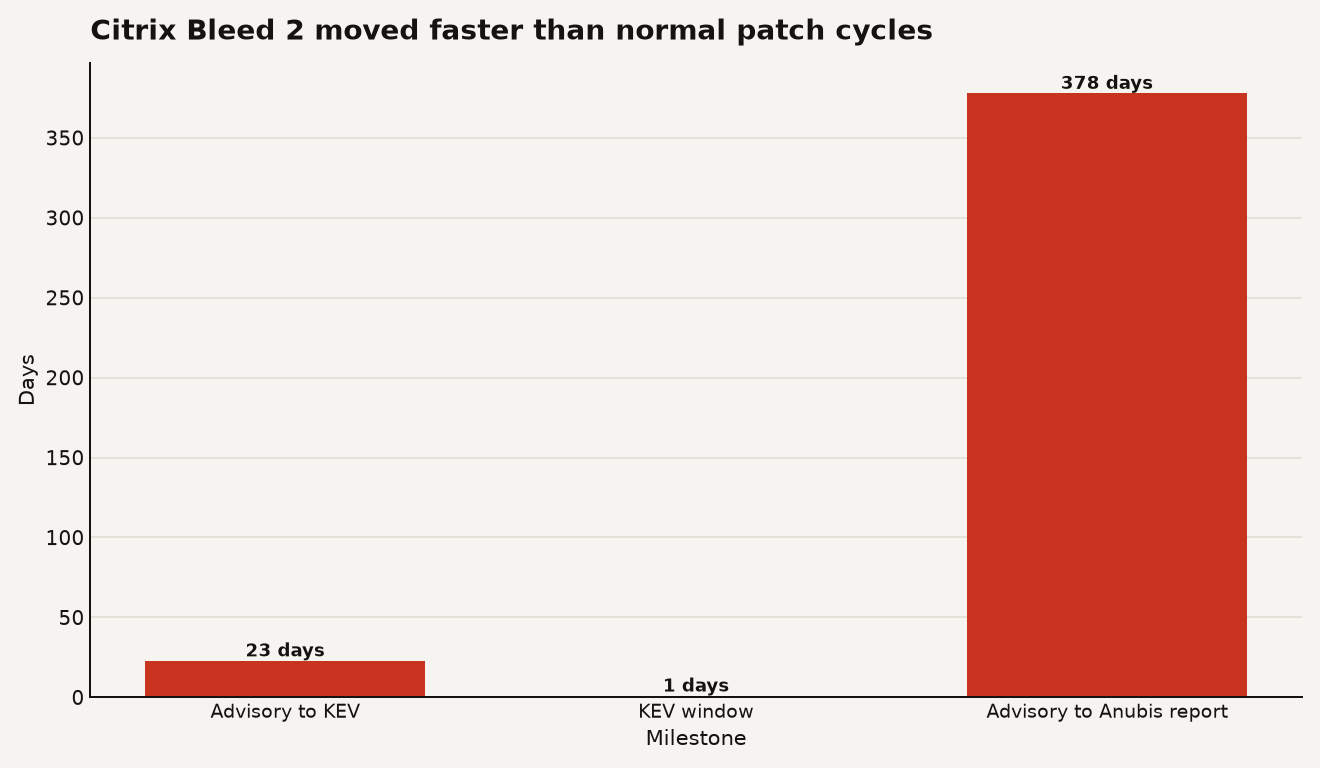 Bar chart for Citrix Bleed 2 showing 23 days from Citrix advisory to CISA KEV, 1 day from CISA KEV addition to due date, and 378 days from Citrix advisory to the Arctic Wolf Anubis ransomware report.