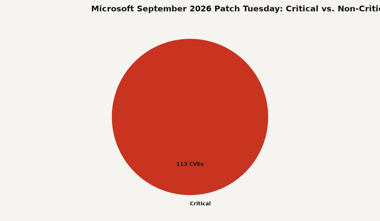Pie chart of Microsoft September 2026 Patch Tuesday CVEs by severity: 113 critical and 861 non-critical, out of a total of 974 CVEs.