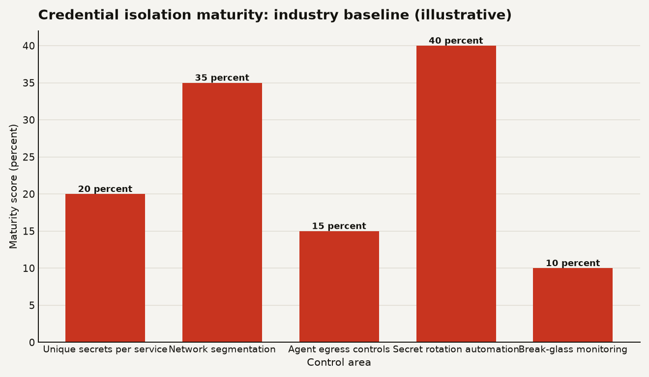 Credential isolation maturity across five dimensions: unique secrets per service scored at 20 percent, network segmentation at 35 percent, agent egress controls at 15 percent, secret rotation automation at 40 percent, and break-glass monitoring at 10 percent. Illustrative industry baseline.
