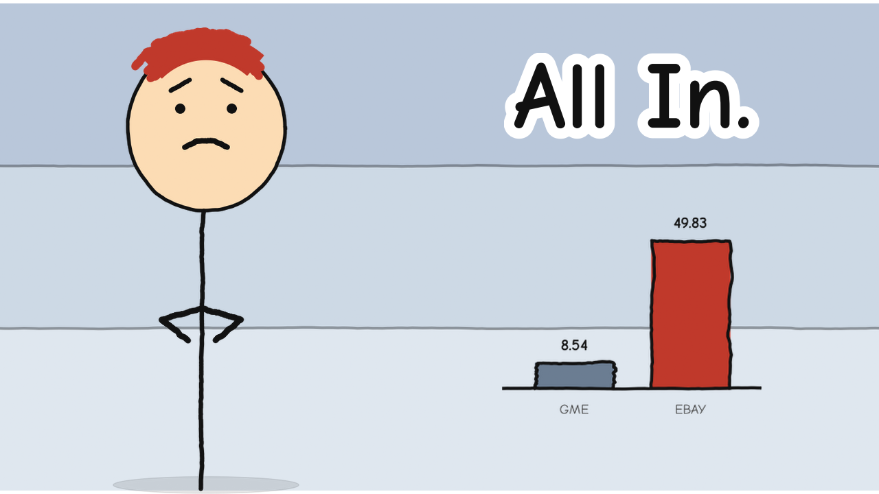 Hand-drawn stick figure thumbnail with the text "All In." for the video GameStop's $4 Billion eBay Bet (it's worse than you think)