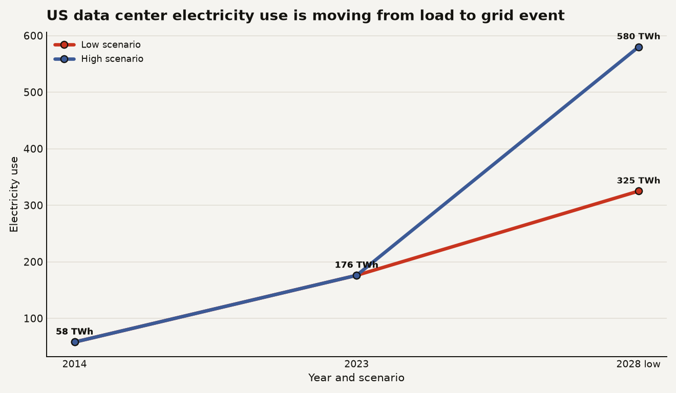 Line chart showing US data center electricity use rising from 58 TWh in 2014 to 176 TWh in 2023, then to 325 TWh in the 2028 low scenario and 580 TWh in the 2028 high scenario.