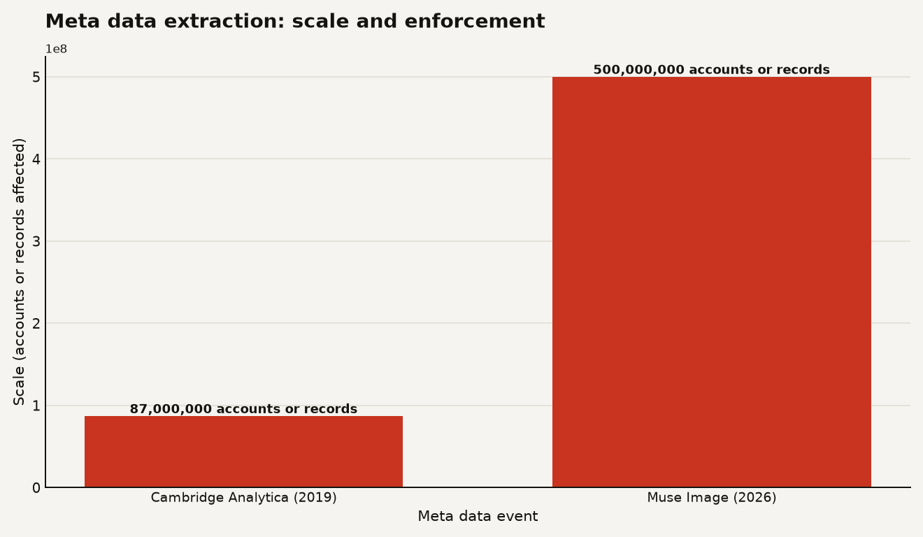 Bar chart comparing two Meta data extraction events. Cambridge Analytica (2019): approximately 87 million records harvested, $5 billion FTC fine. Muse Image (2026): approximately 500 million public Instagram accounts opted in by default, $0 enforcement to date.