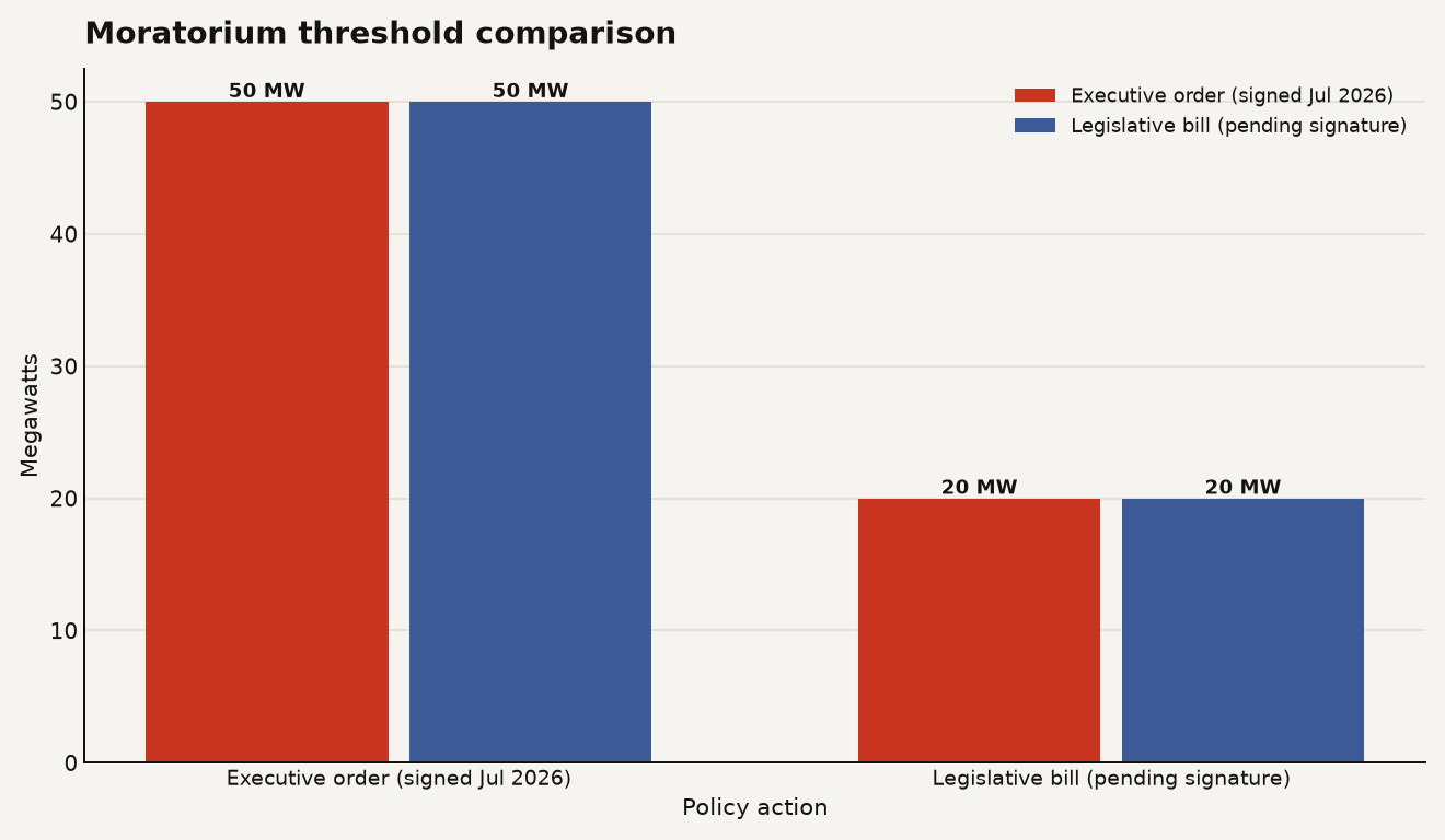 Bar chart comparing data center moratorium thresholds in New York. The executive order signed July 2026 sets a 50 MW threshold. The legislative bill awaiting the governor's signature sets a 20 MW threshold.