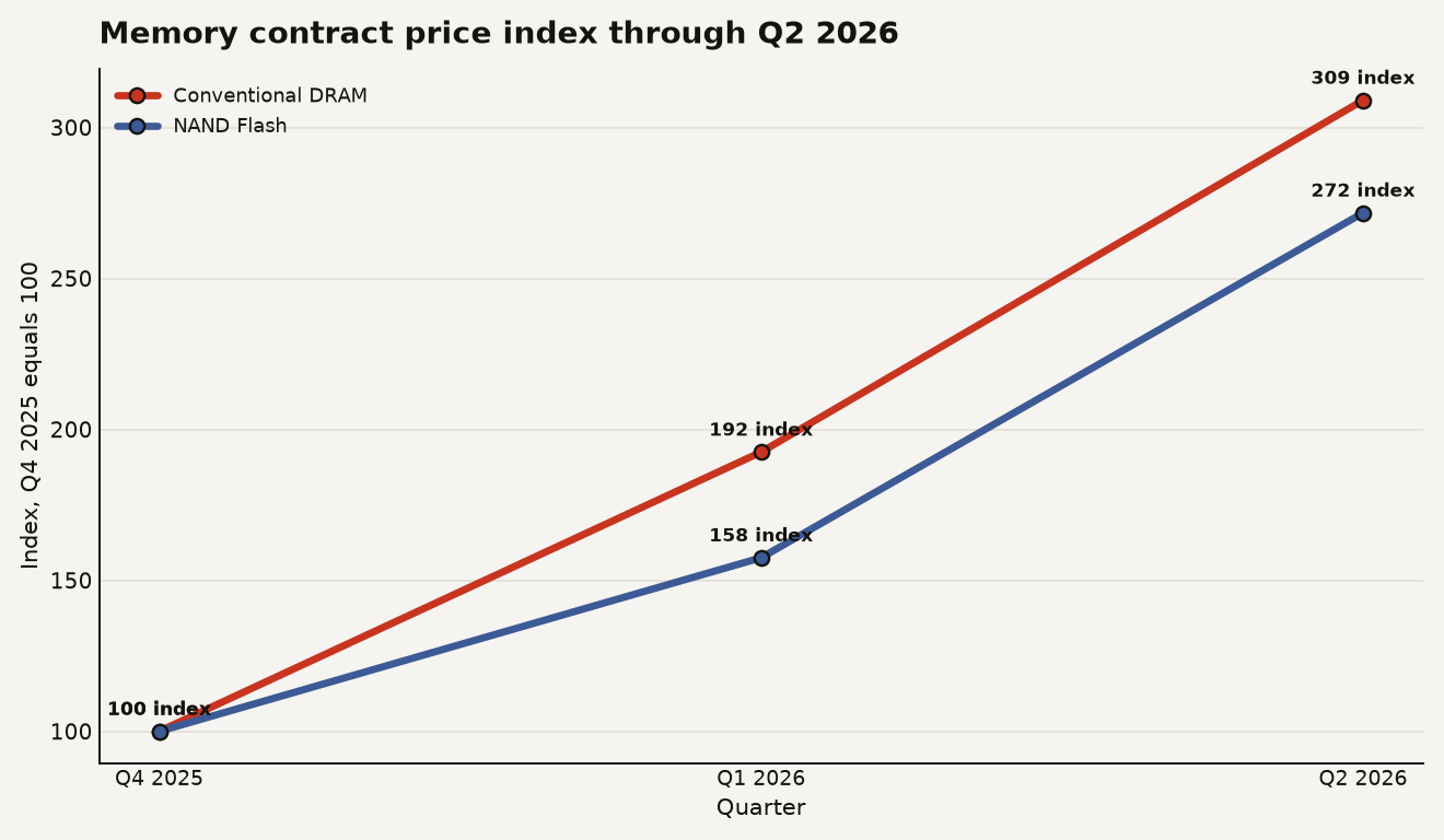 Line chart of the RAM price shock showing conventional DRAM at 100 in Q4 2025, 192.5 in Q1 2026, and 309 in Q2 2026, with NAND Flash at 100, 157.5, and 271.7.