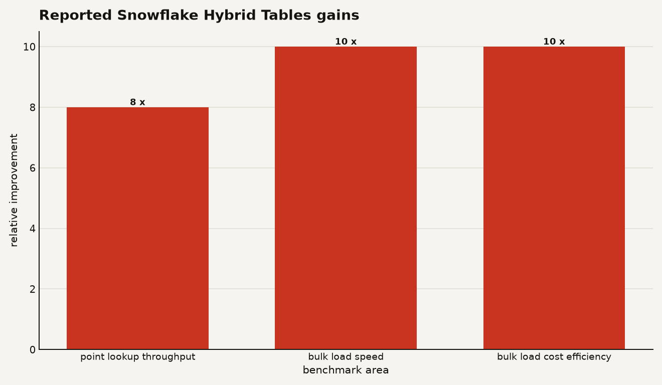 Bar chart of Snowflake Hybrid Tables gains showing point lookup throughput at 8x, bulk load speed at 10x, and bulk load cost efficiency at 10x.